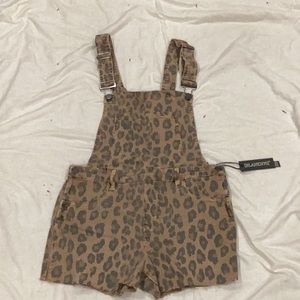 BlankNYC Denim Leopard Print Overall Shorts